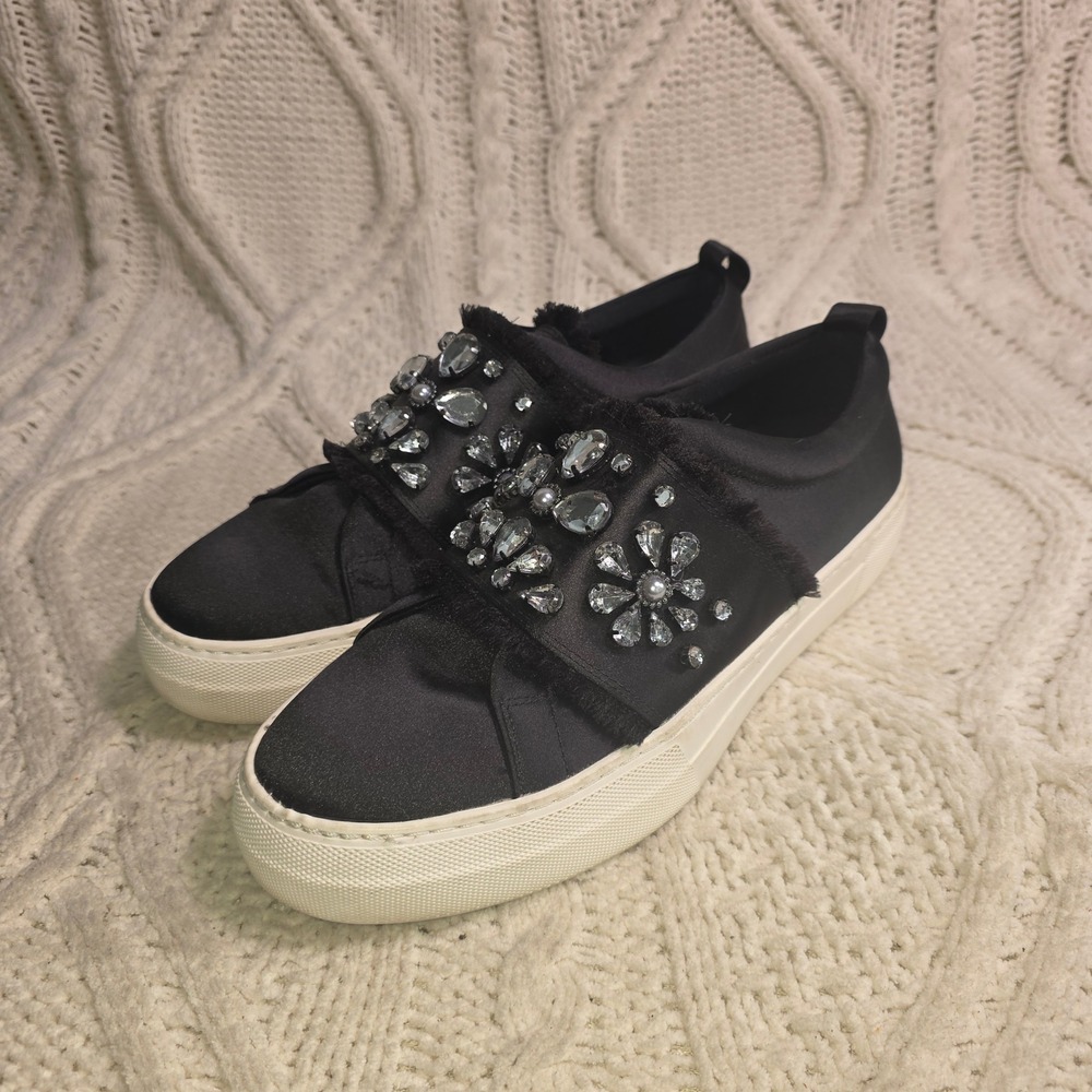 ALDO Slip On Sneakers Black Jeweled Fringed Satin Womens 7.5 Excellent